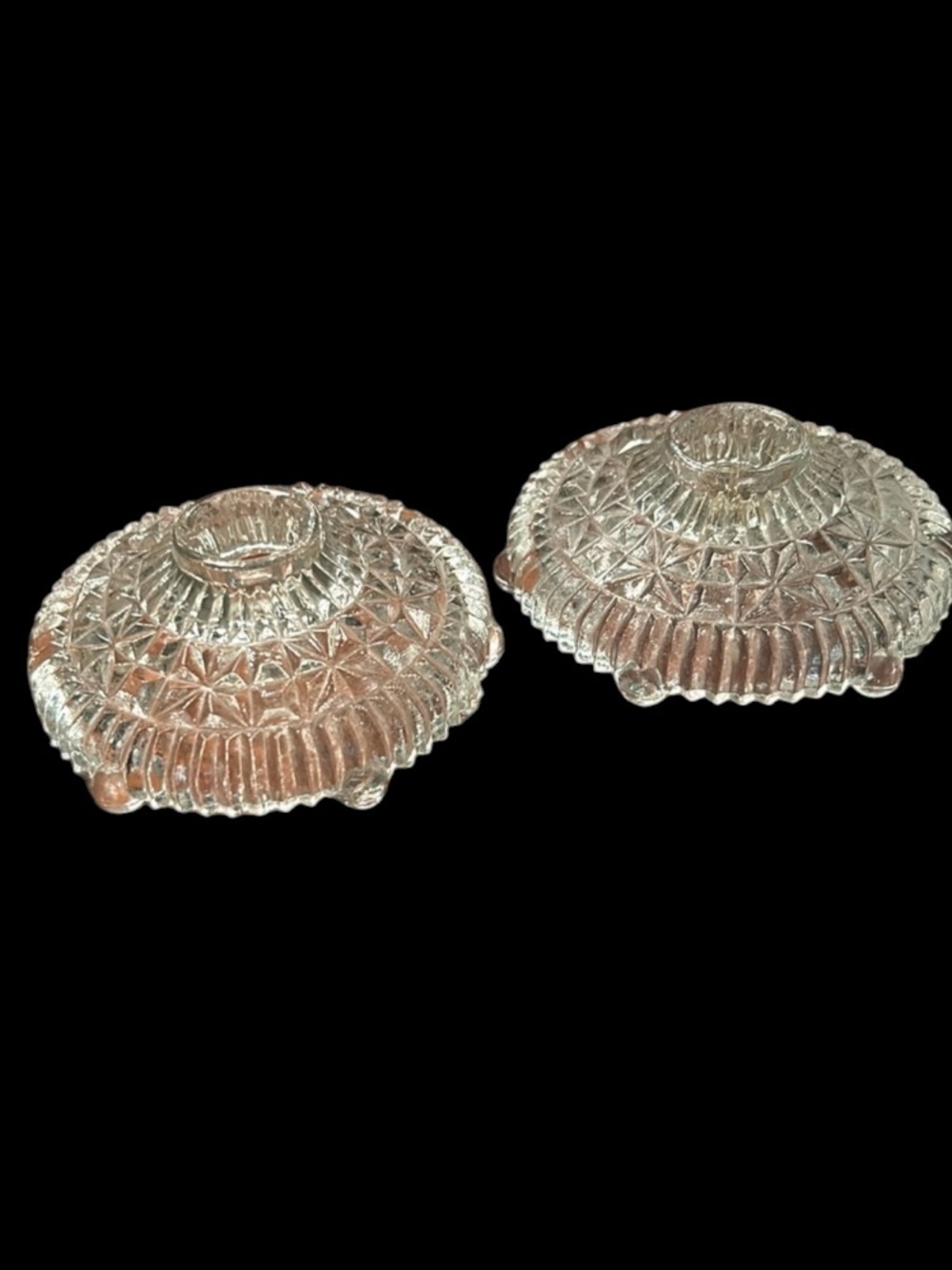 Vintage Pair of Art Deco Pressed Glass Round Footed Candle Holders